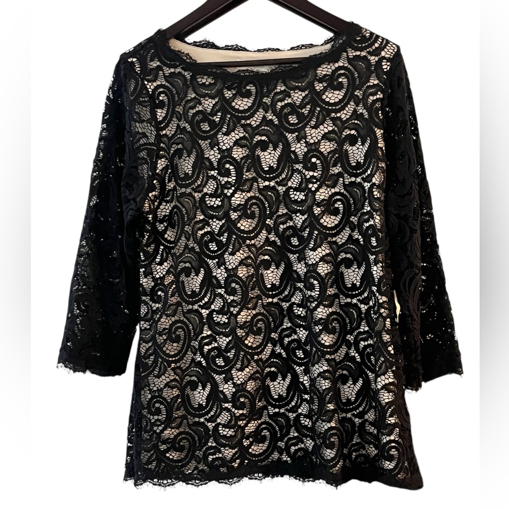 Charter Club black lace three-quarter sleeve elegant top blouse great cond (m)